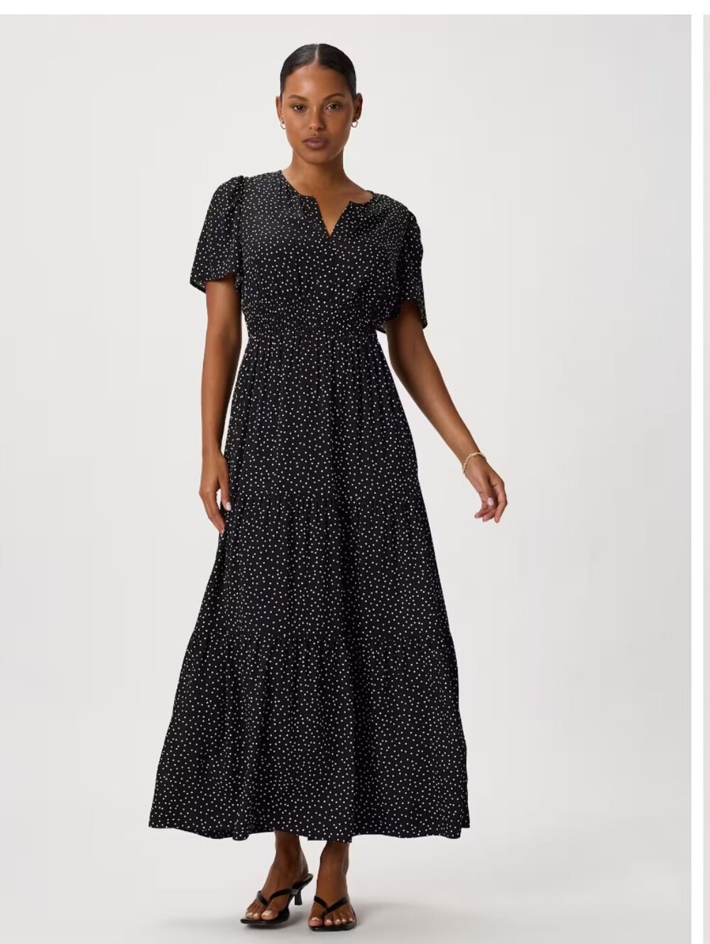 Quince Washable Stretch Silk V-Neck Tiered Maxi Dress Tiny Dot Polka Dot Medium